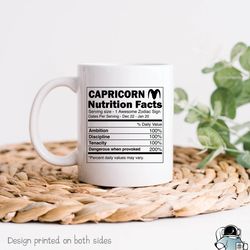 capricorn zodiac nutrition facts coffee mug, funny horoscope and astrology birthday gift
