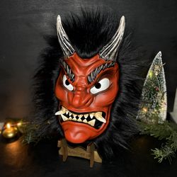 Namahage mask with hair, Japanese Oni mask, Japanese ogre demon mask with fur, Traditional namahage mask