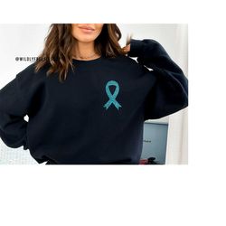 Teal Glitter Ribbon Sweatshirt, Ovarian Cancer Shirt, Cancer Survivor Shirt, Ovarian Cancer Awareness Gift, Teal Ribbon