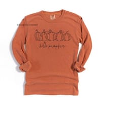 long sleeve hello fall pumpkin women, womens thanksgiving shirt, fall tshirt, long sleeve comfort colors shirt, fall gif