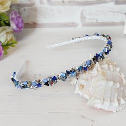Thin bridal rhinestones crown, Blue sparkle hair accessories, Jeweled hair piece, Wedding bead headpiece, Crystal tiara