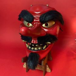 Red Tengu mask with hair, Yamabushi tengu mask, Japanese Long nose mask, Wearable Tengu mask with black bead