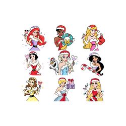 princess christmas svg disneyprincess png bundle set 9 cliparts princesses , ariel tiana aurora snow white elsa belle ,