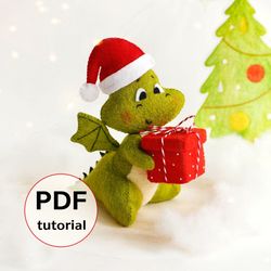 Felt green dragon with Christmas present hand sewing PDF tutorial with patterns, DIY Christmas tree toy pattern