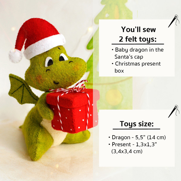 Felt green dragon with red gift box with Christmas presents and information about the PDF tutorial with patterns