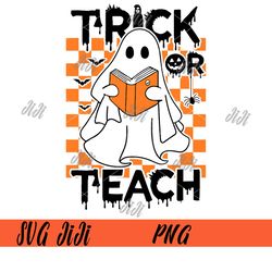 trick or teach groovy png, halloween png, retro ghost book teacher png