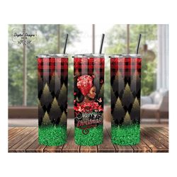 black women merry christmas png tumbler sublimation, afro black girl magic christmas 20 oz skinny tumbler wrap, glitter