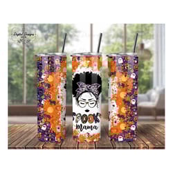 black spooky mama halloween tumbler sublimation design, black woman mom tumbler wrap png, horror messy bun mom skinny tu