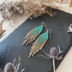 Green beaded earrings with golden ombre fringe, boho bohemian jewelry, Dangle modern earrings,  gift for her
