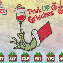 drink up grin embroidery, christmas embroidery designs, wine embroidery ,christmas embroidery, grinchy, santa claus embroidery