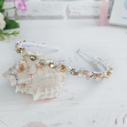 Beige crystals bridal headband crown, Beach wedding sparkle headpiece, Bling rhinestones hair accessories for girl gift