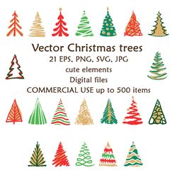 christmas tree clip art bundle hand drawing cute doodle set. digital vector eps files download and commercial use
