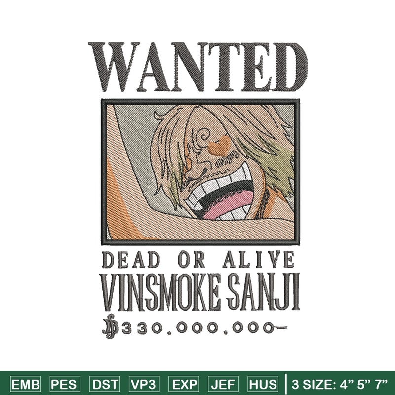 Bounty sanji embroidery design, One piece embroidery, Anime design, Embroidery shirt, Embroidery file,Digital download.zip.jpg
