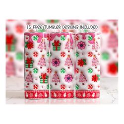 3d pink christmas tree inflated tumbler wrap, christmas snack cakes puffy tumbler, xmas gift sublimation, winter holiday