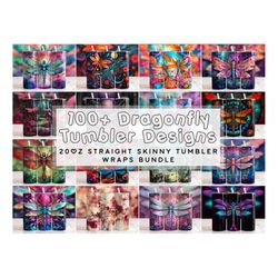 dragonfly tumbler wrap bundle png, skinny tumbler 20oz sublimation wrap design, straight tumbler wrap, stained glass, al