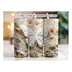 3d white butterfly tumbler wrap, 20 oz skinny tumbler sublimation design, straight tumbler wrap, instant digital downloa