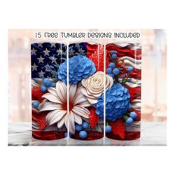 3d 4th of july flowers tumbler wrap, 20 oz skinny tumbler sublimation design, patriotic straight tumbler wrap, digital d