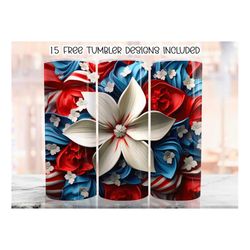 3d 4th of july flower florals tumbler wrap, 20 oz skinny tumbler sublimation design, patriotic straight tumbler wrap, di
