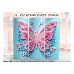 3d embroidered butterfly 20 oz skinny tumbler sublimation design, pink and blue straight butterfly tumbler wrap, digital