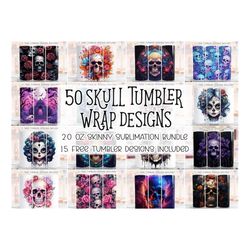 50 skull bundle skinny tumbler 20oz sublimation wrap design, watercolor & alcohol ink skulls, straight tumbler wrap png,