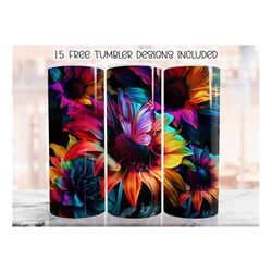 sunflowers 20oz sublimation tumbler design, sunflower neon rainbow wrap, straight skinny tumbler wrap png, sublimation d