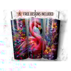 neon rainbow flamingo with florals 20oz skinny tumbler sublimation design, straight tumbler wrap png