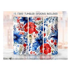 4th of july patriotic floral 20 oz skinny tumbler sublimation design, floral red white blue america tumbler wrap png,dig