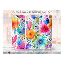 watercolor rainbow vibrant floral tumbler wrap, colorful sublimation design, 20 oz skinny tumbler, groovy flower tumbler