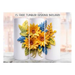 3d sunflowers 20 oz skinny tumbler sublimation design, floral straight tumbler wrap, digital download png