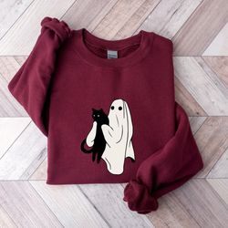 black cat halloween sweatshirt, ghost and black cat halloween sweatshirt, cute ghost halloween shirt, spooky season, wom