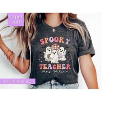 spooky teacher halloween shirt, personalized name teacher shirt, retro ghost teacher shirt, custom teacher shirt, hallow