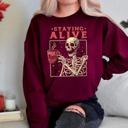 coffee skeleton sweatshirt, skull halloween sweatshirt, fall coffee latte skeleton halloween shirt, womens coffee hallow