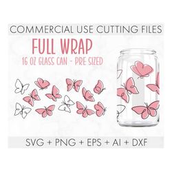 butterflies line art svg, butterfly libbey glass can svg, 16oz glass can cutfile, full wrap svg png