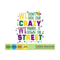 we don't hide our crazy we parade it down the street svg, mardi gras svg, we dont hide crazy svg, mardi gras shirt svg