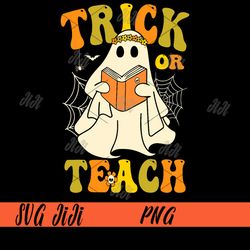 trick or teach groovy png, halloween retro floral ghost teacher png