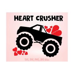 boy valentines svg, heart crusher svg, boys valentines day truck, monster truck svg, boy valentine shirt svg