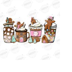 pink gingerbread coffee png, christmas houses peppermint iced latte sweets snow cozy sublimation design hand drawn print