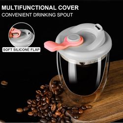 Double Wall Glass Coffee Cup with Silicone Lid 12 OZ, Wall Glass Coffee Mug,Insulated Coffee Mug with Lid (US customers)