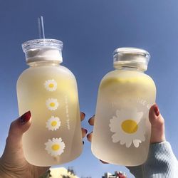 double cover straw glass, milk juice cute water bottle with scale  lids little daisy matte portable water (us customers