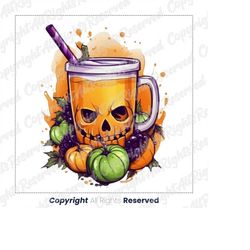Scary Pumpkin Iced drink PNG,Sublimation Skeleton Coffee Png Skull Clipart Halloween Beer Png Halloween Sublimation Desi
