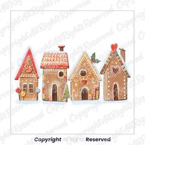 cute christmas village png. winter snow, santa sleigh, reindeers, christmas houses, snow flakes. digital download, not a