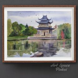 watercolor small painting, original, chinese temple, unusual interior decoration, decoration for office, playroom, home