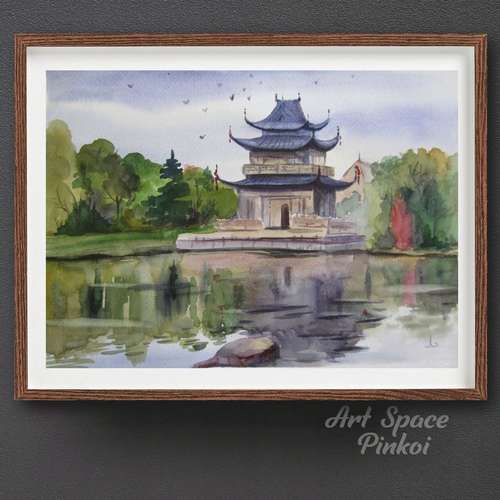 Watercolor small painting, original, Chinese temple, unusual interior decoration, decoration for office, playroom, home
