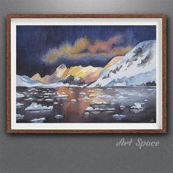 watercolor painting, original, antarctic ice, unusual interior decor, gift, decoration for office, playroom, home
