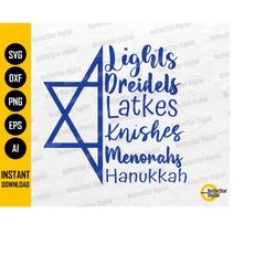 hanukkah svg | chanukah star of david | lights dreidels latkes kanishes menorahs | cricut silhouette | clipart vector di