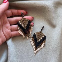 Bronze black beaded fringe earrings, ethnic native inspired earrings, extra lightweigh, boho bohemian hippie western jew