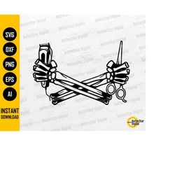 skeleton barber arms svg | barbershop tools svg | hair cut shave groom scissor clippers | cutting file clipart vector di
