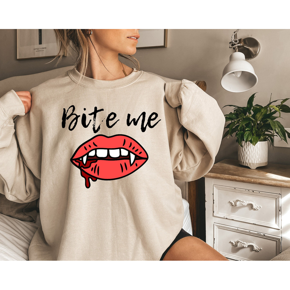 Bite Me Halloween Sweatshirt,Retro Comforts Colors Halloween Shirt,Halloween Party Costume,Vampire Halloween Character,Horror Movie Shirt.jpg