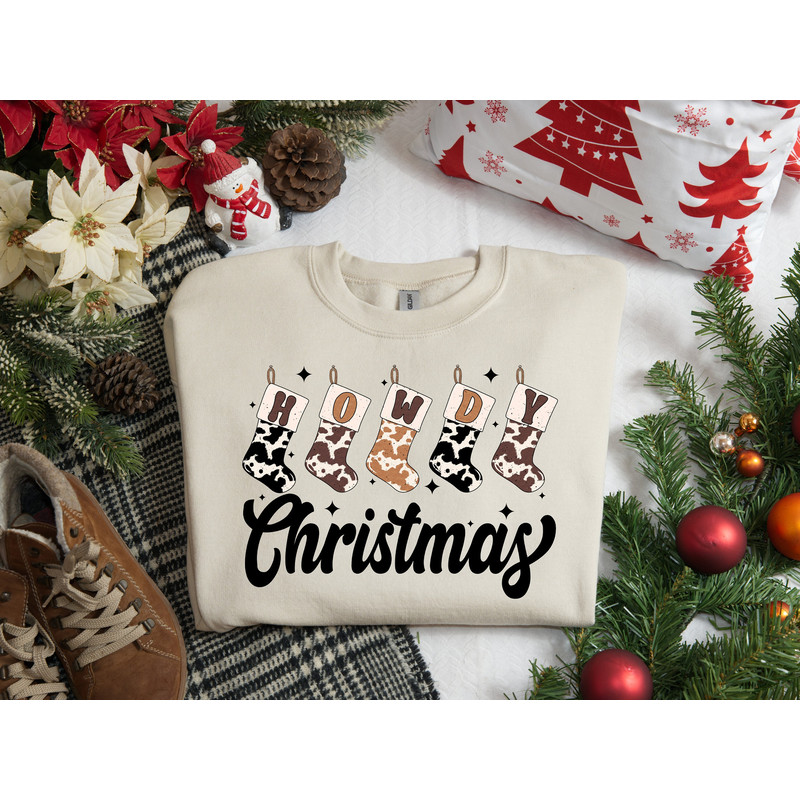 Howdy Christmas Sweatshirt, Western Christmas Sweater, Christmas Socks Sweatshirt, Cowboy Christmas Crewneck, Christmas Gifts, Xmas Shirt.jpg