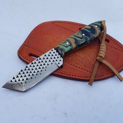 cowboy knife with leather sheath, cowboy tanto blade, rasp file steel blade with resin handle 7'' gift for him, her